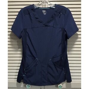 Scrubstar Scrub Top Size XS V Neck Pockets Navy/Teal Trim Short Sl Medical Nurse